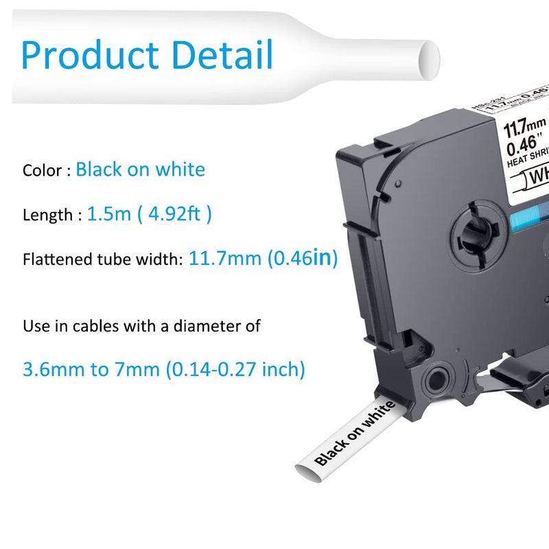 Hehua Compatible Heat Shrink Label Tape Replacement for Brother Tube Label HSe-231 HSe231 HS-231 HS231 Black on White Use in PT-E300 PT-E500 PT-P750WVP (0.46''x 4.92ft  11.7mm x 1.5m  3 Pack) - Image 4